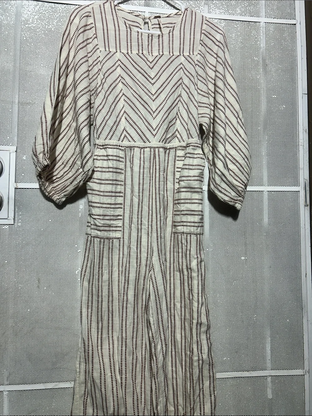 Free People Cream Jumpsuit with Burgundy Stripes